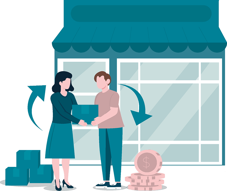 E-commerce illustration showing a storefront with people exchanging goods
